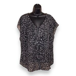 2X RELATIVITY BLACK WHITE DOT PRINT BLOUSE SEMI SHEER RUFFLE PLUS VNECK